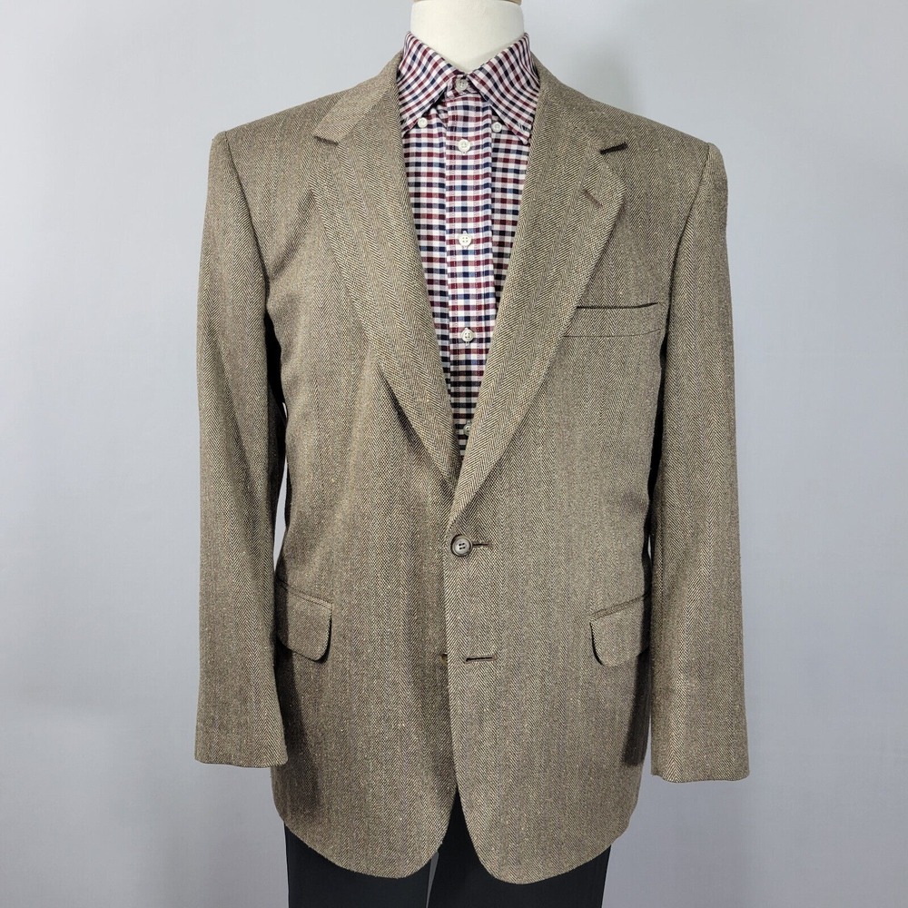 Stafford Men's Sport Coat Blazer Two Button Beige Poly Wool Silk Herringbone 44R